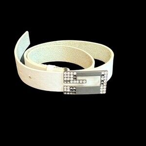 Guess Women’s White Rhinestone  G Buckle Genuine Leather Belt Size L